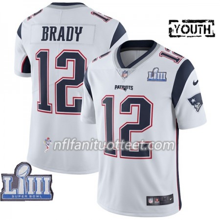 Lasten New England Patriots NFL Pelipaita Tom Brady 12 Nike Valkoinen 2019 Super Bowl LIII
